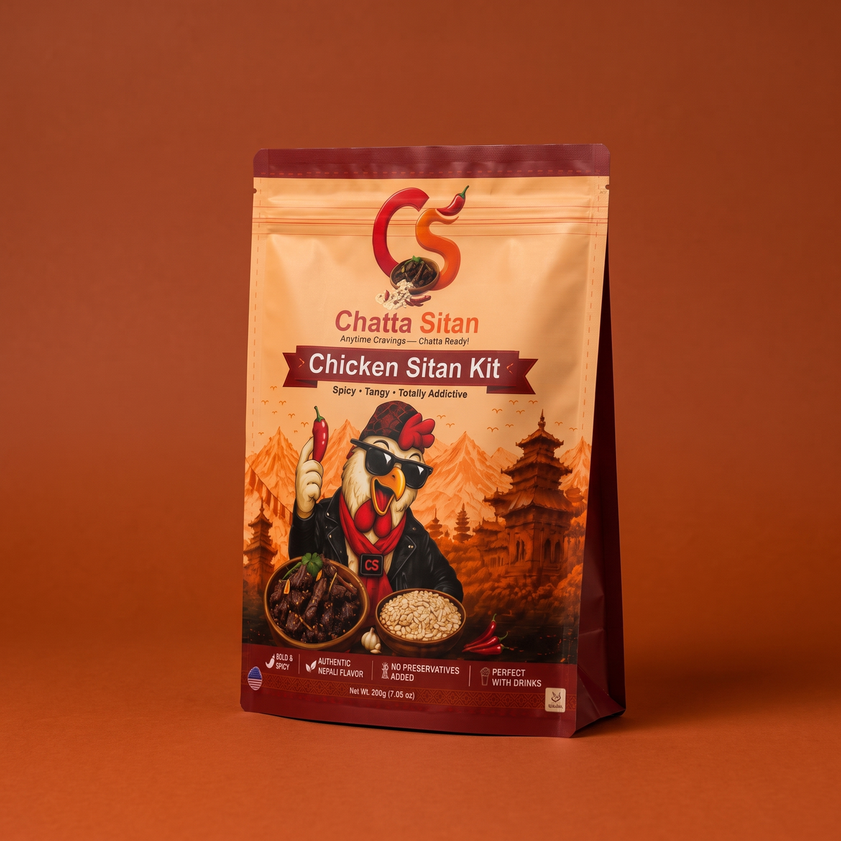 Chicken Sitan Kit pouch with the spiced chicken sachet and crunchy chiura